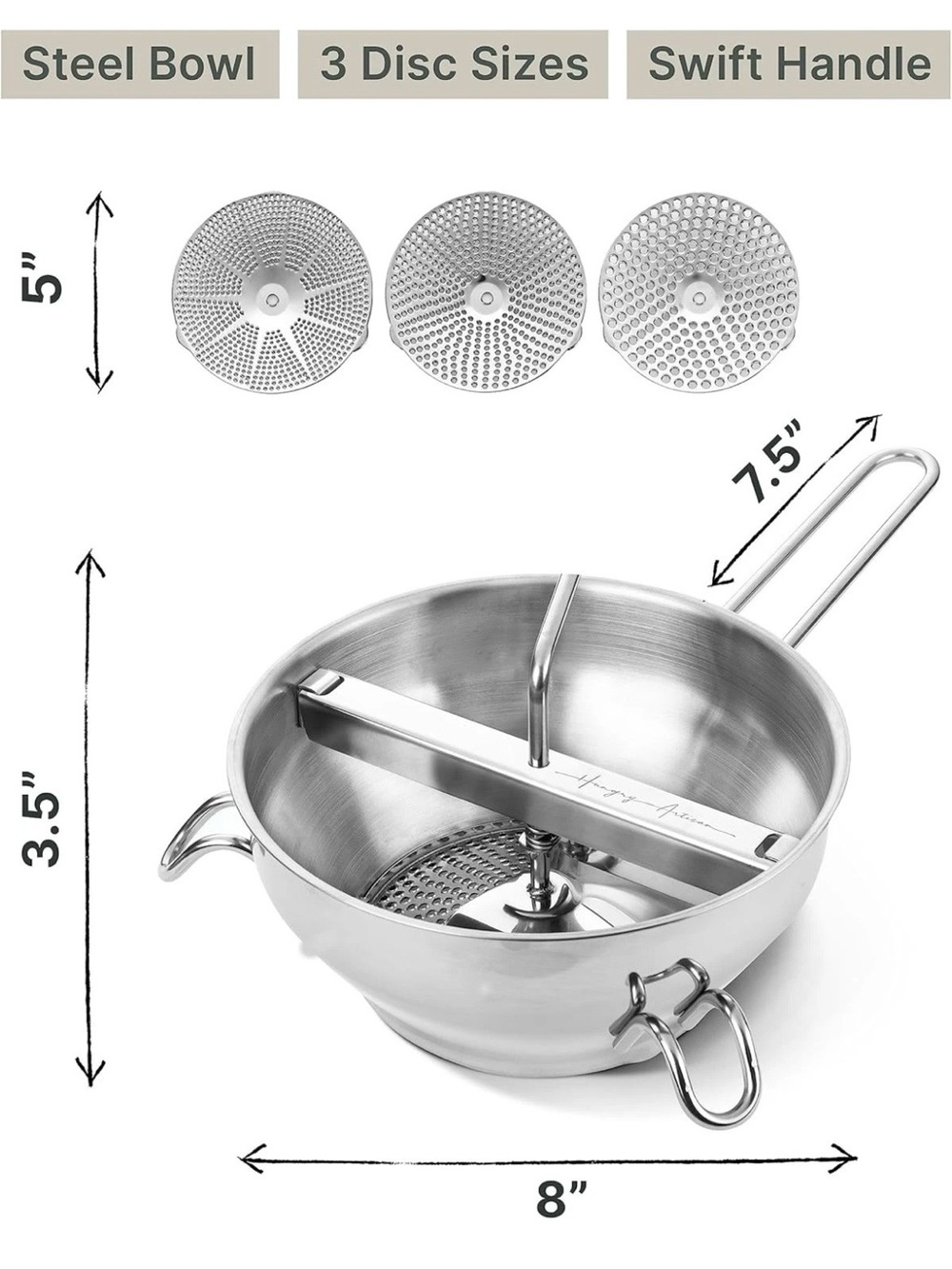 Hungry Artisan Stainless Steel Manual Food Mill with Handle & 3 Discs NEW - Picture 7 of 12